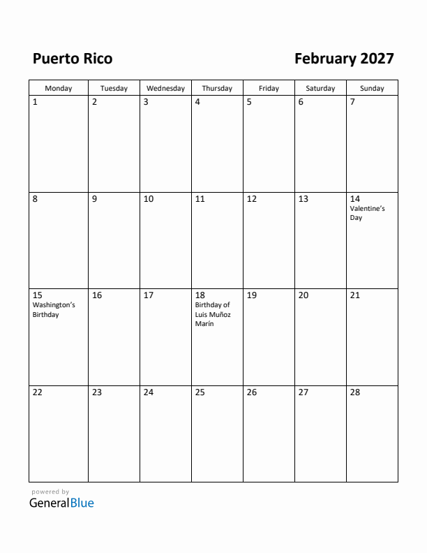 February 2027 Calendar with Puerto Rico Holidays