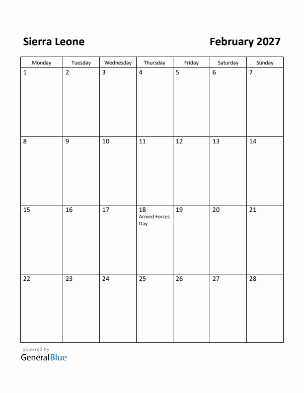 February 2027 Calendar with Sierra Leone Holidays