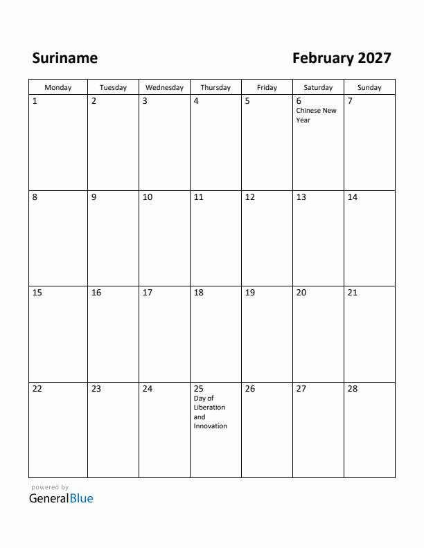 February 2027 Calendar with Suriname Holidays