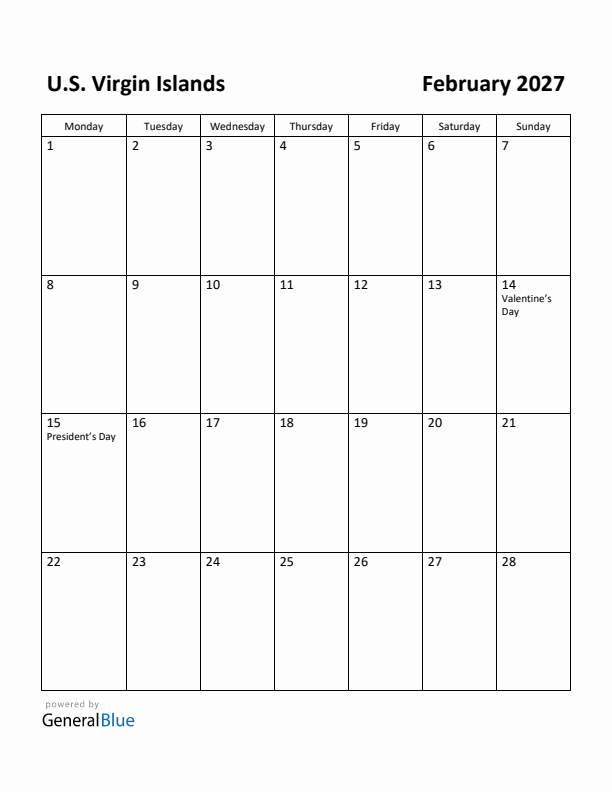 February 2027 Calendar with U.S. Virgin Islands Holidays