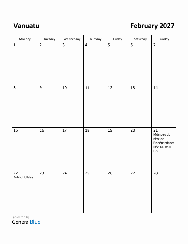 February 2027 Calendar with Vanuatu Holidays