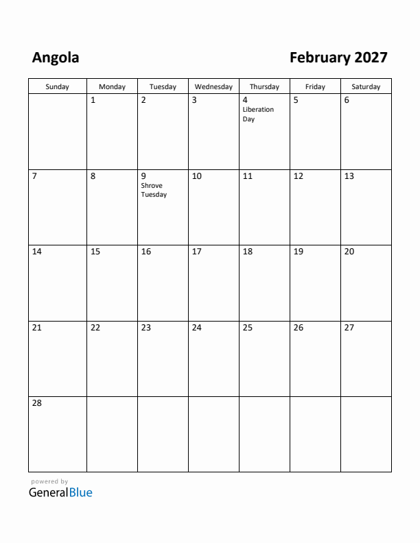 Free Printable February 2027 Calendar For Angola Free Printable February 2027 Calendar For Angola