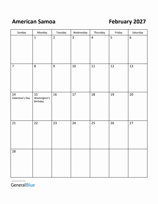 February 2027 Calendar with American Samoa Holidays