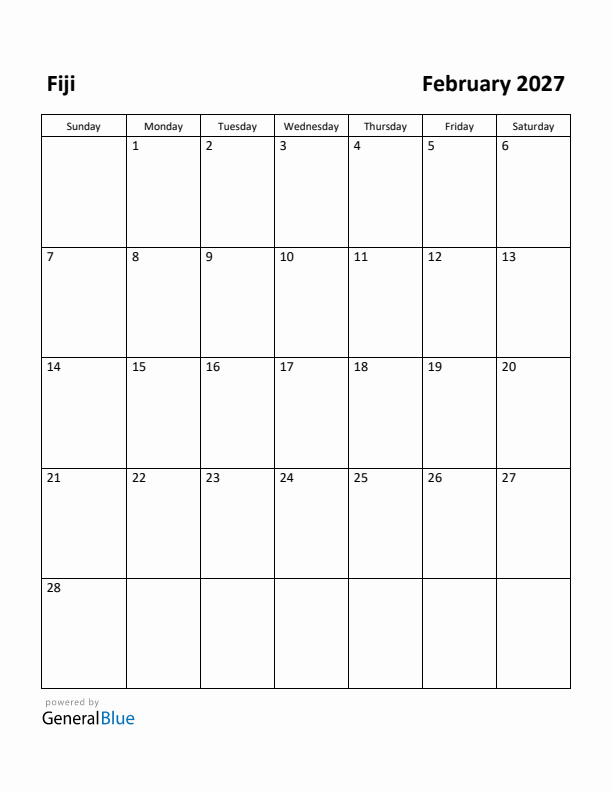February 2027 Calendar with Fiji Holidays