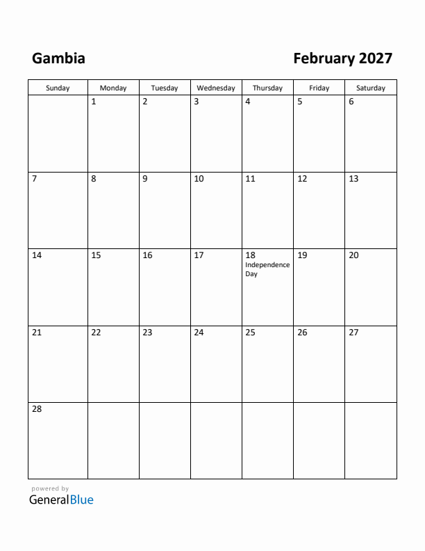 February 2027 Calendar with Gambia Holidays