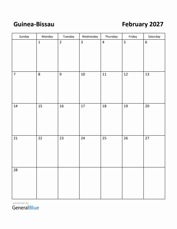 February 2027 Calendar with Guinea-Bissau Holidays