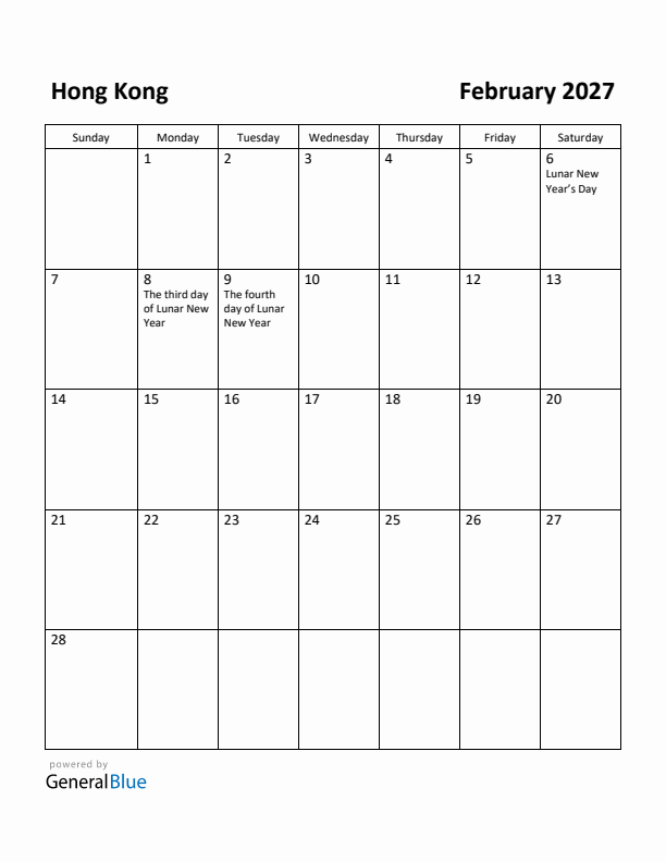February 2027 Calendar with Hong Kong Holidays