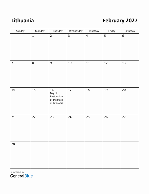 February 2027 Calendar with Lithuania Holidays