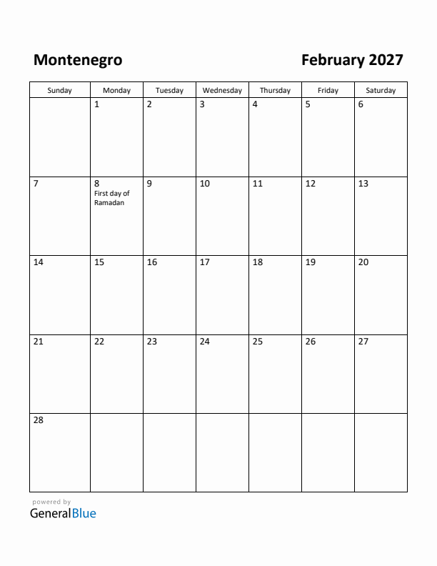 February 2027 Calendar with Montenegro Holidays