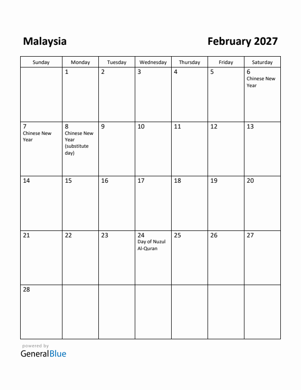 February 2027 Calendar with Malaysia Holidays