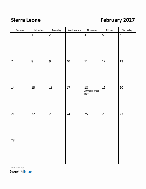 February 2027 Calendar with Sierra Leone Holidays