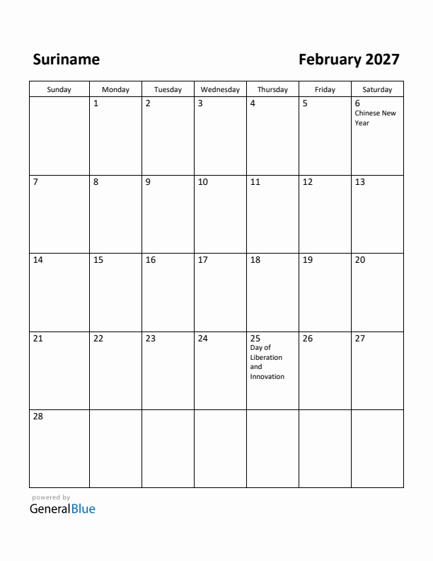 February 2027 Calendar with Suriname Holidays