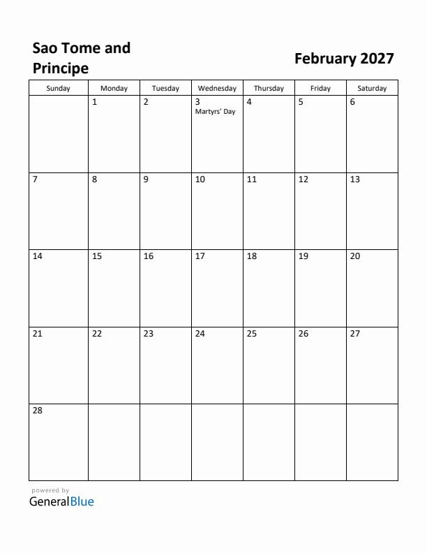February 2027 Calendar with Sao Tome and Principe Holidays