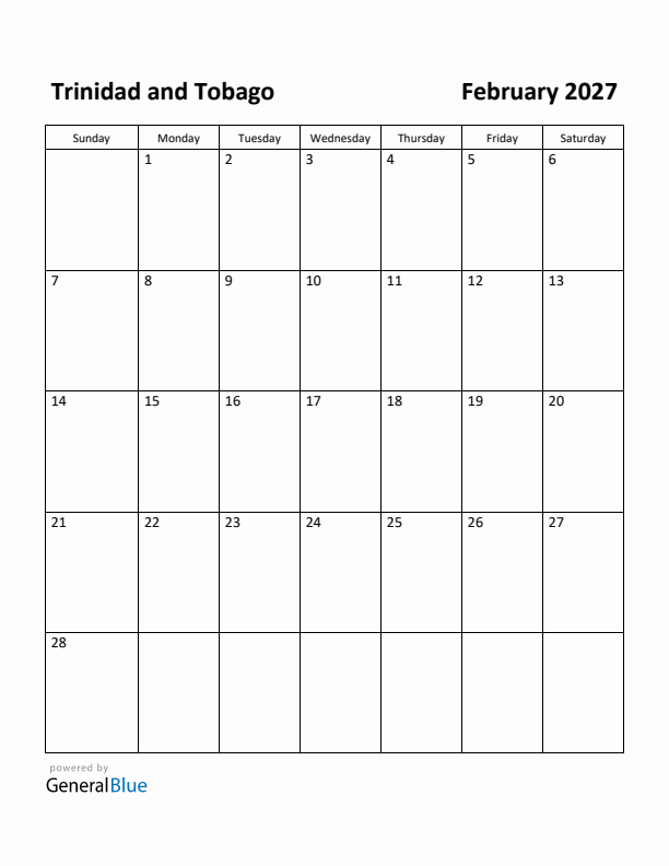 February 2027 Calendar with Trinidad and Tobago Holidays