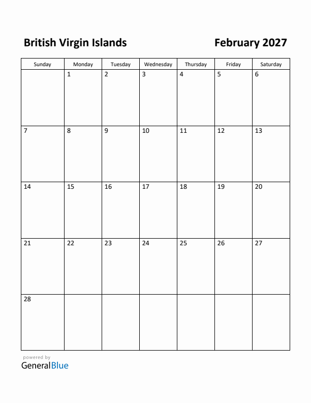 February 2027 Calendar with British Virgin Islands Holidays