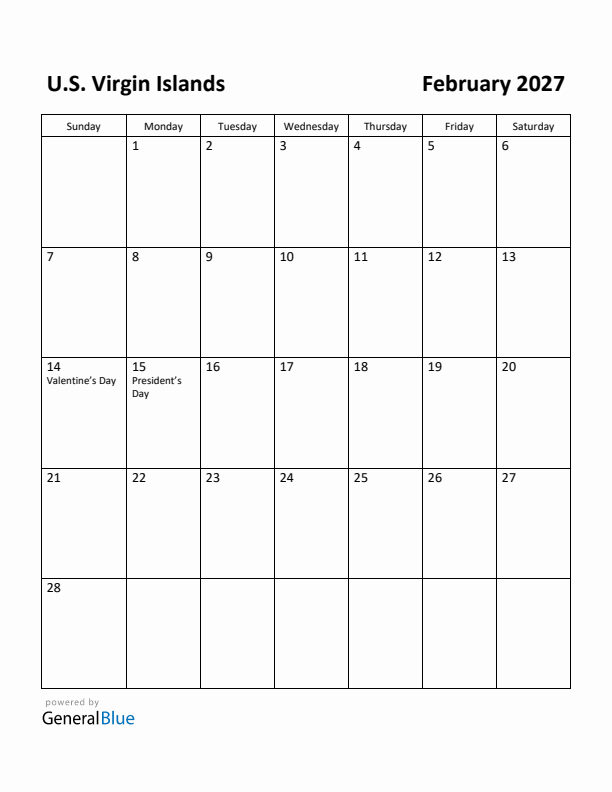 February 2027 Calendar with U.S. Virgin Islands Holidays
