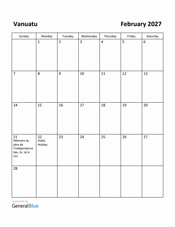 February 2027 Calendar with Vanuatu Holidays