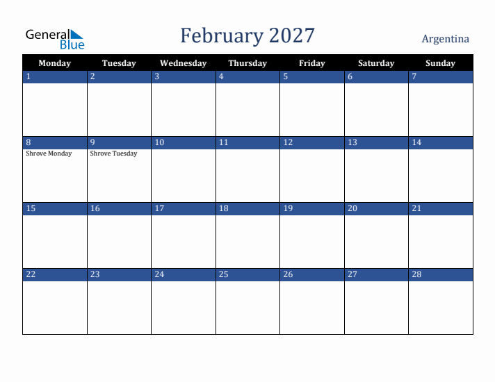 February 2027 Argentina Calendar (Monday Start)