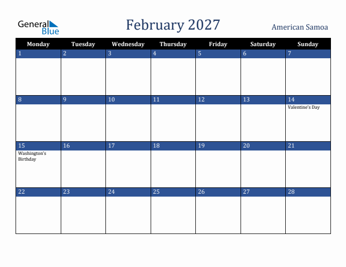 February 2027 American Samoa Calendar (Monday Start)