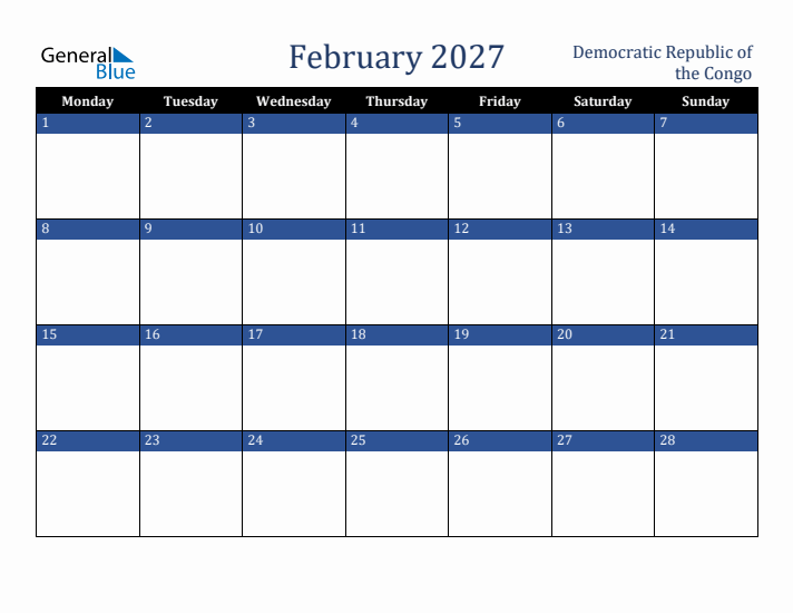 February 2027 Democratic Republic of the Congo Calendar (Monday Start)