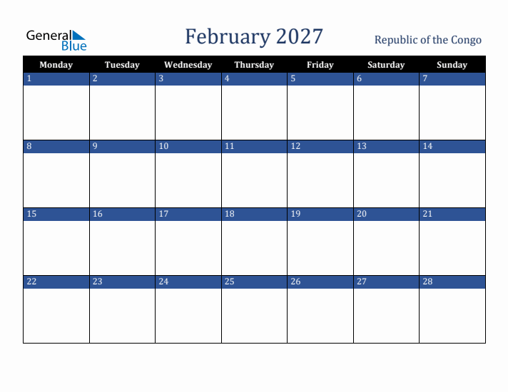 February 2027 Republic of the Congo Calendar (Monday Start)