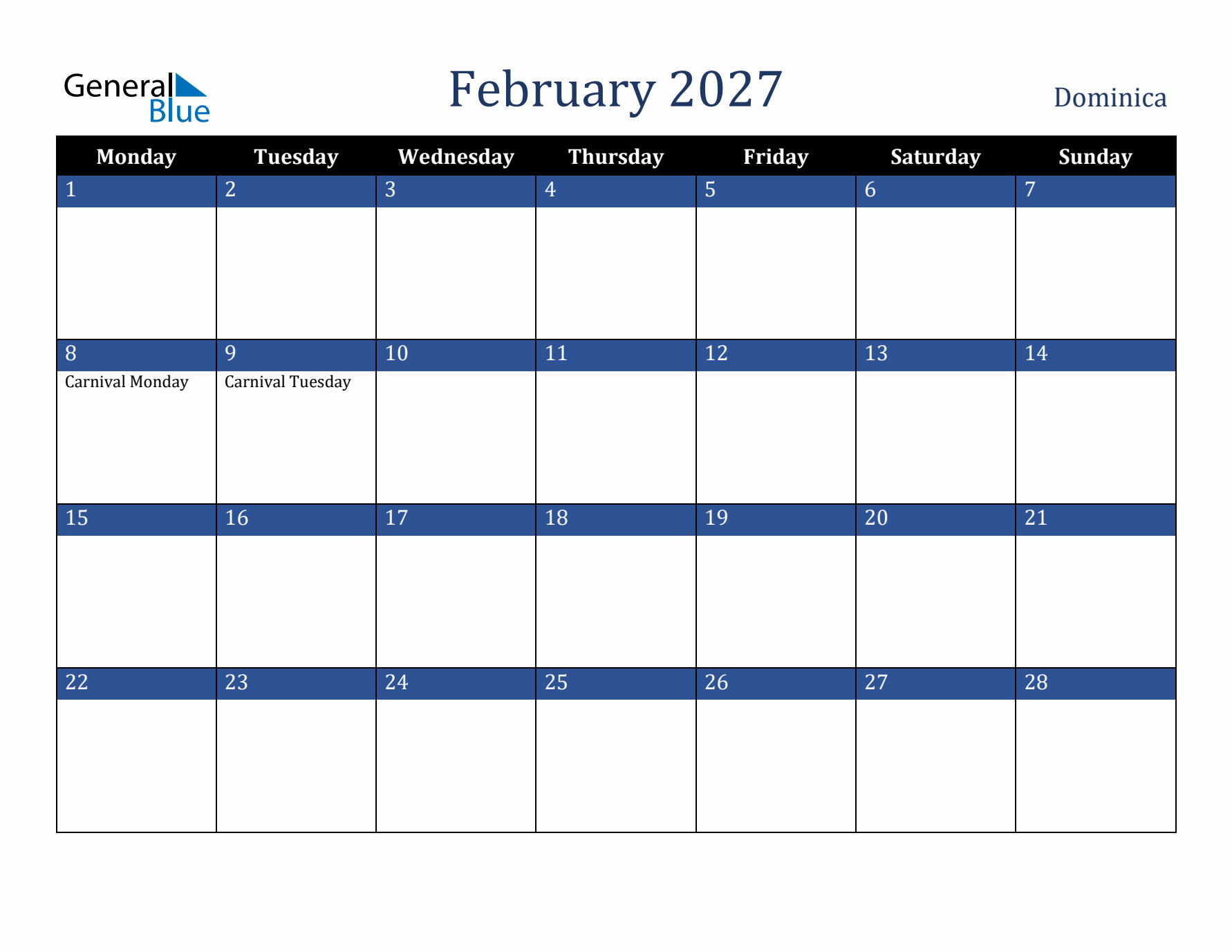 February 2027 Dominica Calendar (Monday Start)
