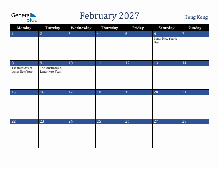 February 2027 Hong Kong Calendar (Monday Start)