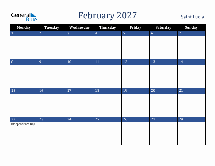 February 2027 Saint Lucia Calendar (Monday Start)