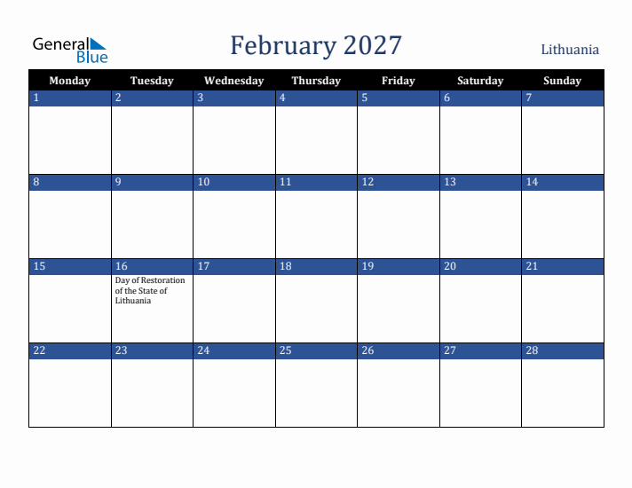 February 2027 Lithuania Calendar (Monday Start)