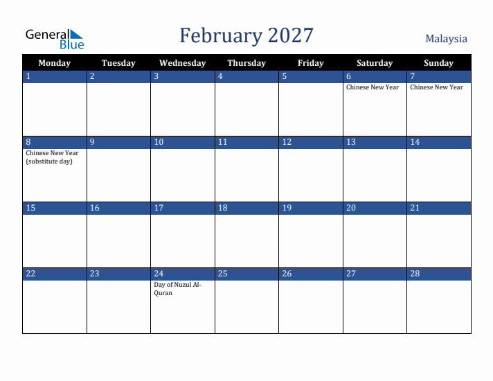 February 2027 Malaysia Calendar (Monday Start)