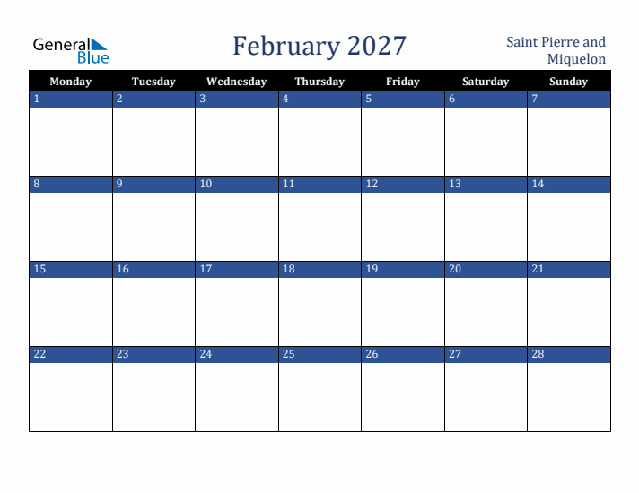 February 2027 Saint Pierre and Miquelon Calendar (Monday Start)