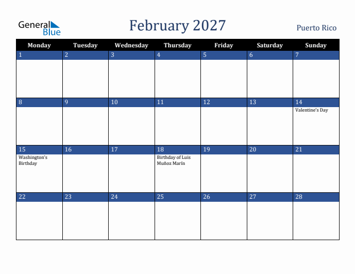 February 2027 Puerto Rico Calendar (Monday Start)