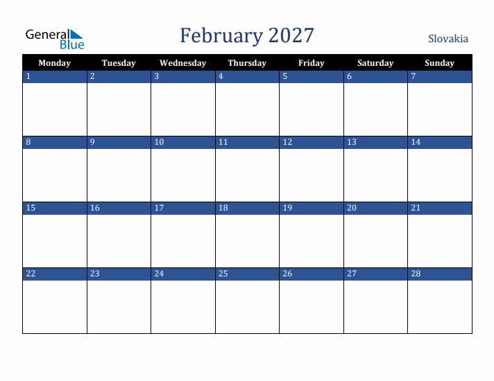 February 2027 Slovakia Calendar (Monday Start)