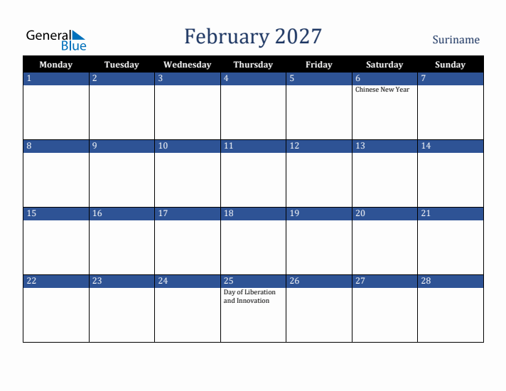 February 2027 Suriname Calendar (Monday Start)