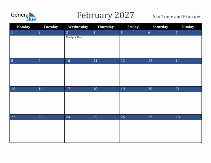 February 2027 Sao Tome and Principe Calendar (Monday Start)