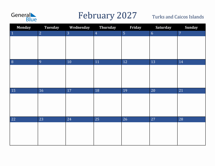 February 2027 Turks and Caicos Islands Calendar (Monday Start)