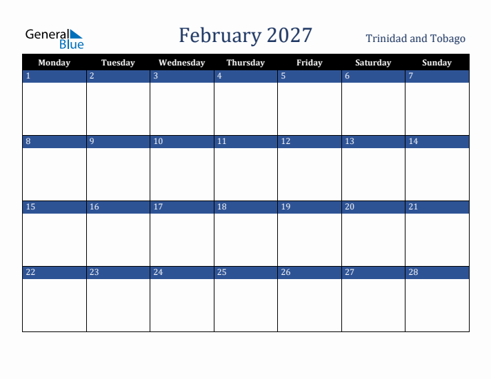 February 2027 Trinidad and Tobago Calendar (Monday Start)