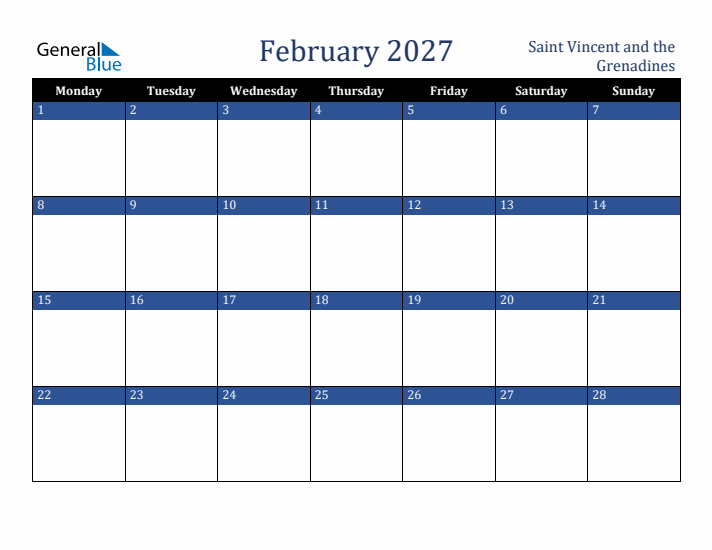 February 2027 Saint Vincent and the Grenadines Calendar (Monday Start)