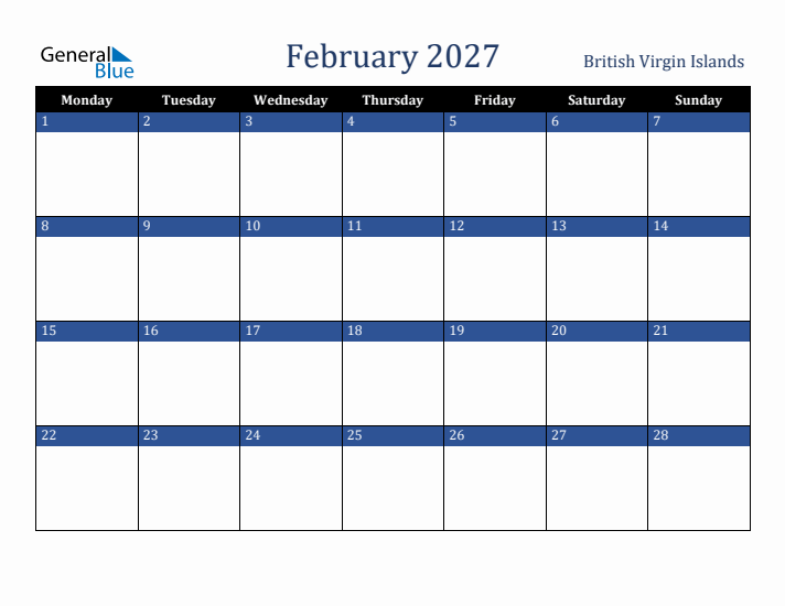 February 2027 British Virgin Islands Calendar (Monday Start)