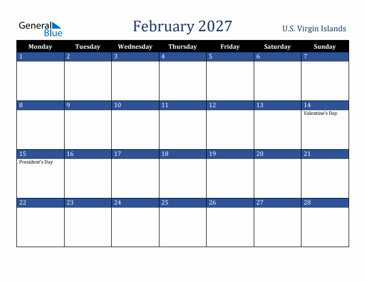 February 2027 U.S. Virgin Islands Calendar (Monday Start)
