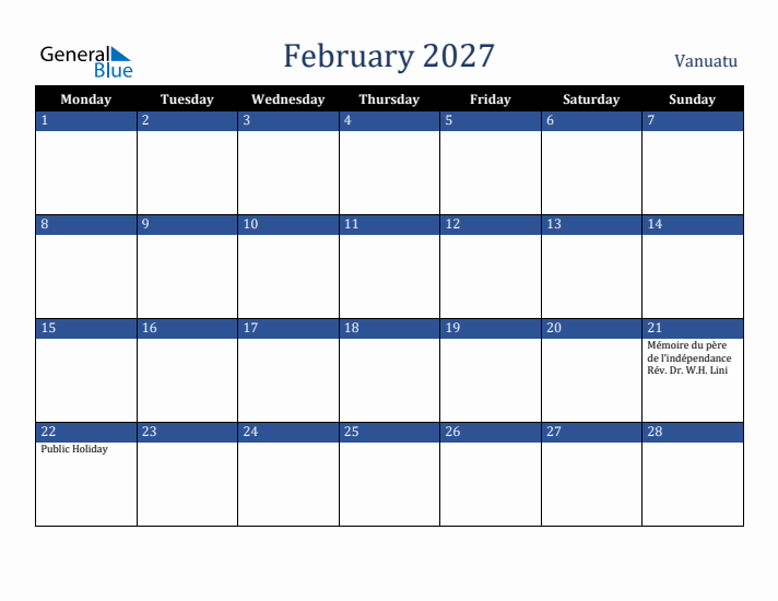 February 2027 Vanuatu Calendar (Monday Start)