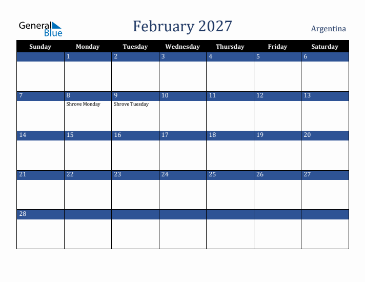 February 2027 Argentina Calendar (Sunday Start)