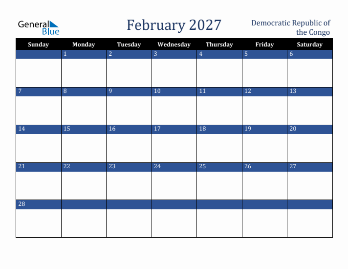 February 2027 Democratic Republic of the Congo Calendar (Sunday Start)