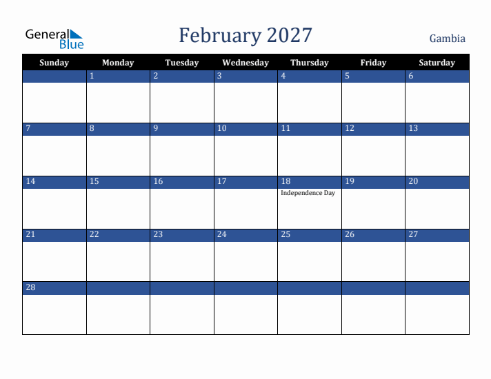 February 2027 Gambia Calendar (Sunday Start)
