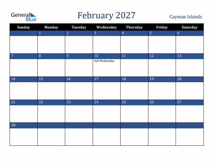February 2027 Cayman Islands Calendar (Sunday Start)
