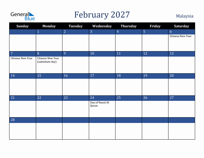 February 2027 Malaysia Calendar (Sunday Start)
