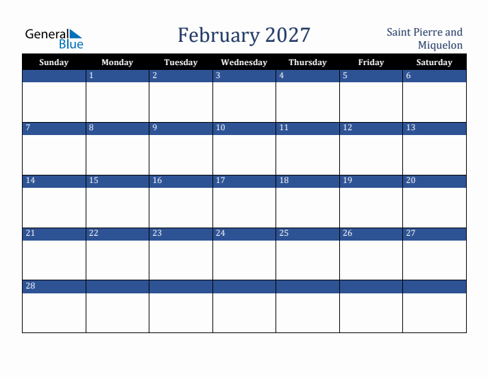 February 2027 Saint Pierre and Miquelon Calendar (Sunday Start)
