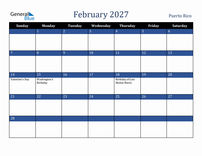 February 2027 Puerto Rico Calendar (Sunday Start)