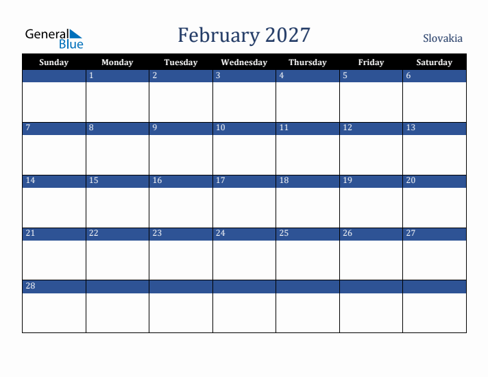 February 2027 Slovakia Calendar (Sunday Start)