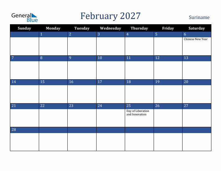 February 2027 Suriname Calendar (Sunday Start)